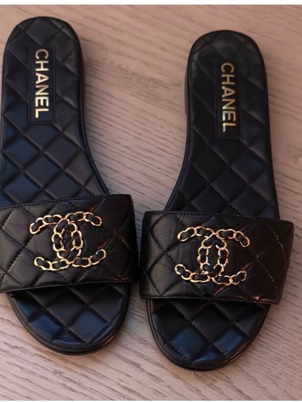 CHANEL Black Quilted Leather Slide Sandals with Gold CC Chain